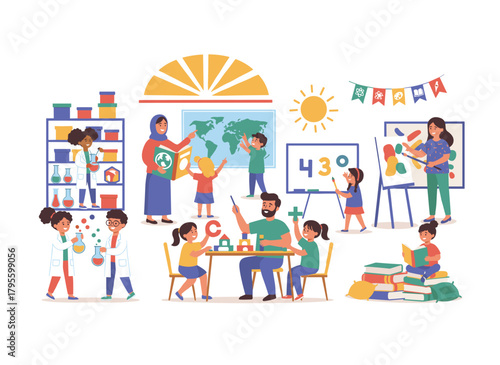 Illustration of a diverse group of elementary students studying happily with books and a board, showcasing various subjects and learning courses in a flat vector style
