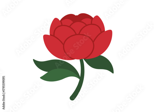 Stunning red peony or dahlia in full bloom, featuring vibrant, lush petals, an elegant flower with stem and leaf set against a white background, rendered as a colorful flat vector illustration