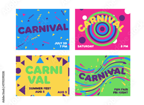 A set of vivid vertical carnival posters featuring geometric shapes and lines in a retro style, designed as colorful placards with a space for text, rendered as vector illustrations