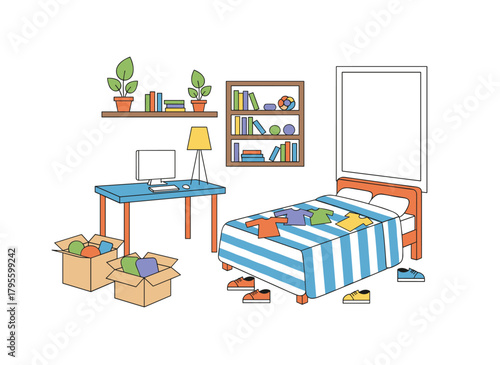 A cluttered and dirty living space, with chaotic and untidy interiors, scattered clothing, scattered items, and garbage, depicted in a colored flat vector illustration