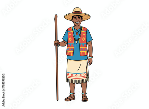 An African tribal man holding a wand or stick, a young warrior from an aboriginal tribe wearing traditional ethnic clothing and accessories, depicted as a flat vector illustration on a white