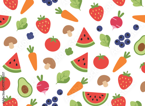 Vibrant continuous pattern featuring wholesome fruits, veggies, berries, and greens