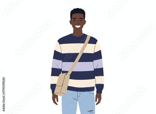 A colorful flat vector portrait of a cheerful young black African student, dressed in casual clothing with a crossbody bag, smiling against a white background