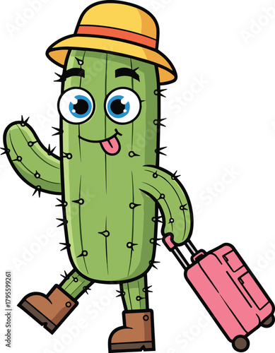 Cartoon cactus character with suitcase, travel-themed vector illustration, cheerful anthropomorphic plant in boots and hat, fun design for kids and vacation content