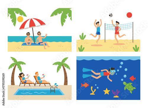 Individuals enjoying a summer vacation, with men and women relaxing at a seaside resort, swimming in the pool, snorkeling, sunbathing while sipping cocktails, depicted as flat vector illustrations