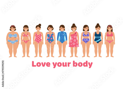A row of multiracial women of varying heights, body types, and sizes, all in swimsuits, depicted as female cartoon characters, celebrates body positivity and beauty diversity