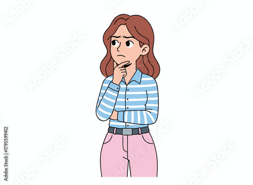 A serious, thoughtful woman with her hand on her chin, pondering and solving problems, depicted as a worried, uncertain figure in a flat vector illustration against a white background