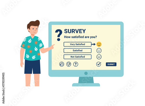 A flat vector illustration on a white background depicts an online survey, internet feedback, user review, opinion, and marketing questionnaire concept, with a customer evaluating service quality by