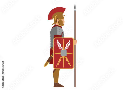 Illustration of a Roman legionary, armored and armed with spear and shield, wearing a mohawk helmet, depicted as a flat vector gladiator isolated on a white background