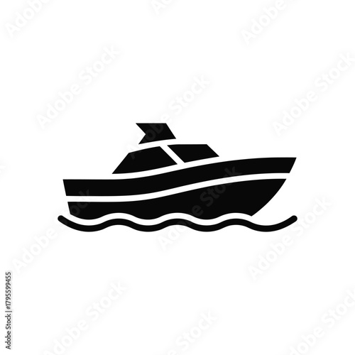Black silhouette of a motorboat cruising on the water, white background icon