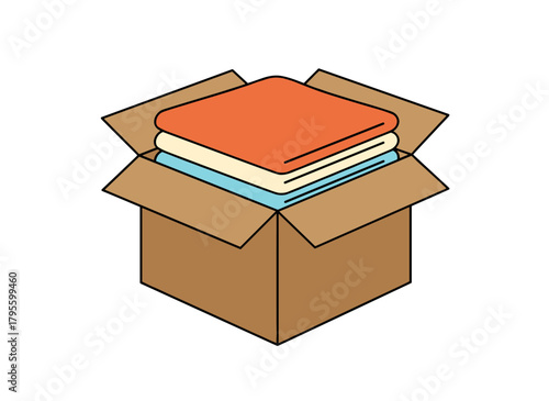 Open a box containing packed items and personal belongings, unpack a carton with clothes and apparel, and a cardboard parcel with storage and moving items, presented as a flat vector illustration on