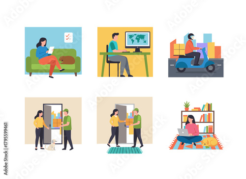 The online ordering and delivery process unfolds in steps: selecting, confirming, shipping, receiving, and unpacking the purchase, illustrating the stages of e‑commerce with a flat vector image set