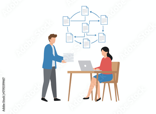 Illustration of bureaucracy and paperwork: a flat vector graphic showing an official worker guiding a person through submitting documents to an authority, with the scene isolated on a white