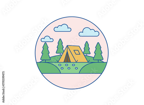 Vector illustration of a camping tent outlined in a forest, featuring a blue linear campsite set against a white background, a bivvy on a glade with fir trees in monocolor line art, depicting outdoor