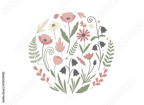 A set of hand‑drawn pink flowers, ferns, and succulents set against a white backdrop, featuring elegant wild plant illustrations and floral decorations in a vintage natural vector style