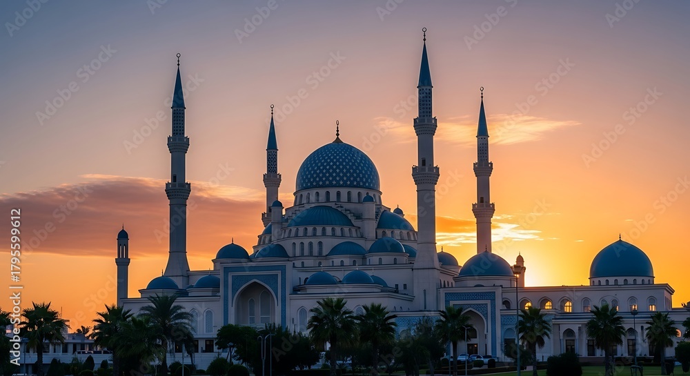 Fototapeta premium A large, elegant building with domes and minarets silhouetted against a vibrant, orange and yellow sunset. Trees are at the base