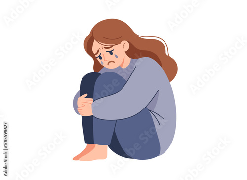 A young woman, sad and crying, sits alone on the floor, depressed and unhappy, depicted as a female character in sorrow and possible mental illness, illustrated in a colorful flat vector cartoon