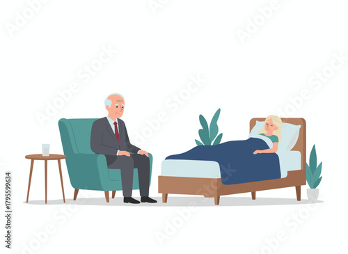A woman lies on a couch while a psychiatrist sits in an armchair beside her, asking questions; the dialogue between patient and psychoanalyst captures psychoanalysis and psychotherapy in a flat