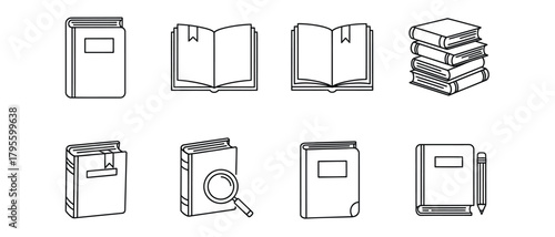 Collection of book icons in outline style representing reading and education concepts
