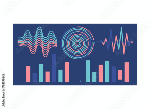 A collection of vibrant sound waves, audio or acoustic electronic signals displayed against a dark backdrop, showcasing oscillations, vibrations, and fluctuations in visual form as a vector