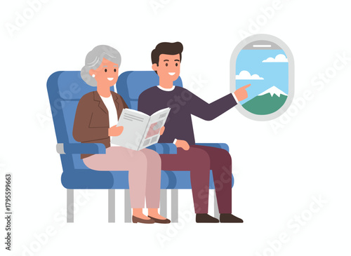 Passengers aboard an airplane sit in their seats, a joyful couple reads a book while peering through a light source or porthole, depicted as a flat vector illustration on a white background