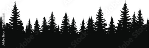 Dense forest silhouette, conifer tree skyline, pine and fir shapes, black nature graphic, wilderness landscape design, outdoor woodland illustration