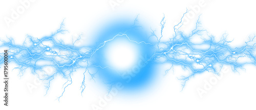 Bright blue energy burst with electrical arcs isolated on transparent background