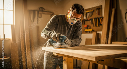Man sanding wood while wearing mask in carpentry workshop  