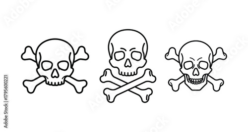 Crossbones and skull  line art set of vector illustration