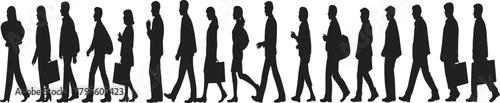 Crowd walking silhouette group, diverse business people commuting, urban movement, teamwork, workforce progression, modern city lifestyle illustration