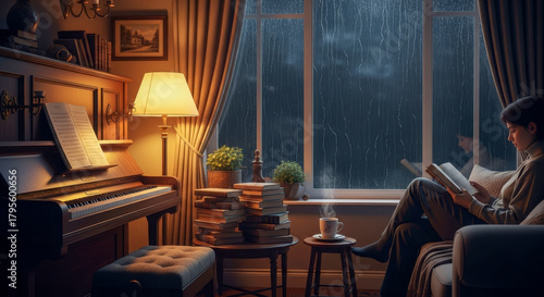 Nighttime reading by the window in cozy room