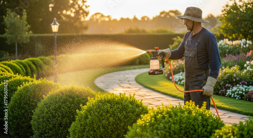 Gardener using sprayer on bushes in sunny garden