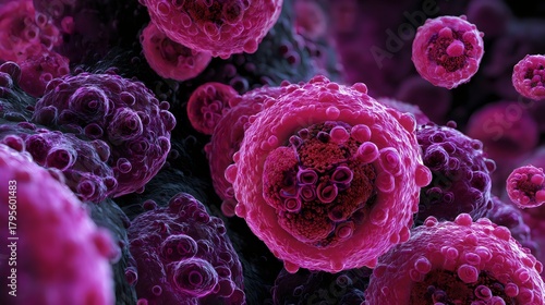 Close-up of Dividing Cancer Cells or Microscopic Pathogens in Pink and Purple
