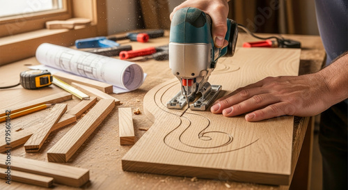 Carpenter sawing pattern on solid wood in natural light
