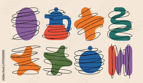 Abstract Organic Shapes with Scribble Lines on Light Background Keywords: abstract, organic shapes, scribble, lines, doodle, modern, minimalist