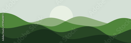 Abstract Rolling Hills Landscape With Setting Sun In Soft Green Tones Keywords: abstract, landscape, hills, rolling, nature, green, serene, calm