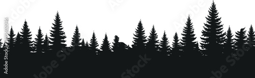 Forest silhouette with horse rider, conifer tree skyline, pine and fir shapes, wilderness scene, outdoor nature graphic, black landscape design