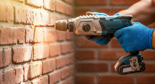 Drilling into brick wall on solid background