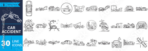 A comprehensive set of 30 editable stroke line icons depicting various car accidents, vehicle collisions, road crashes, and related incidents for design.