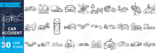A comprehensive set of 30 editable stroke line icons depicting various car accidents, vehicle collisions, road crashes, and related incidents for design.