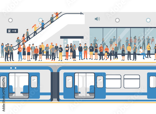 A subway train arrives at a metro platform where men and women stand and sit in a modern station, depicting everyday urban transit in a flat vector illustration
