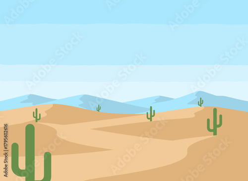 A barren desert backdrop featuring sand dunes, sandy hills, and a sky horizon, showcasing a dry, hot natural panorama of lifeless land, terrain, and environment, rendered as a horizontal flat vector