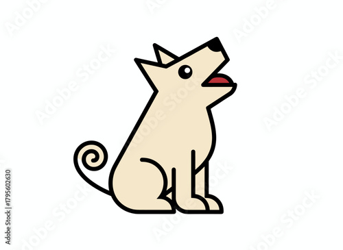 A white Husky dog, seated and gazing upward, appears cute, loyal, and obedient; an adorable purebred Siberian puppy, a wolfdog pup, stands faithfully in a devoted pose, depicted in a flat vector