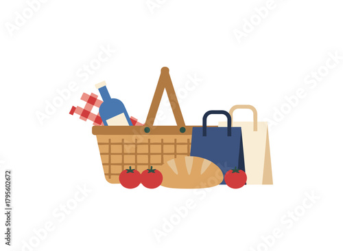 A straw tote bag brimming with beach and picnic gear, water bottle, towel, and vacation essentials, depicted as a flat vector illustration against a white background