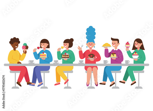 A banner shows men and women savoring sugary treats like cakes and ice cream at a table, with sweet tooth imagery against a white backdrop, rendered in a colorful flat vector style