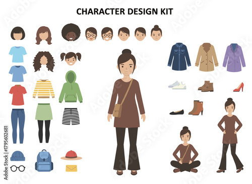 A stylish middle-aged woman builder or DIY kit featuring a collection of isolated female cartoon character body parts, facial expressions, clothing, and accessories on a white background, rendered as