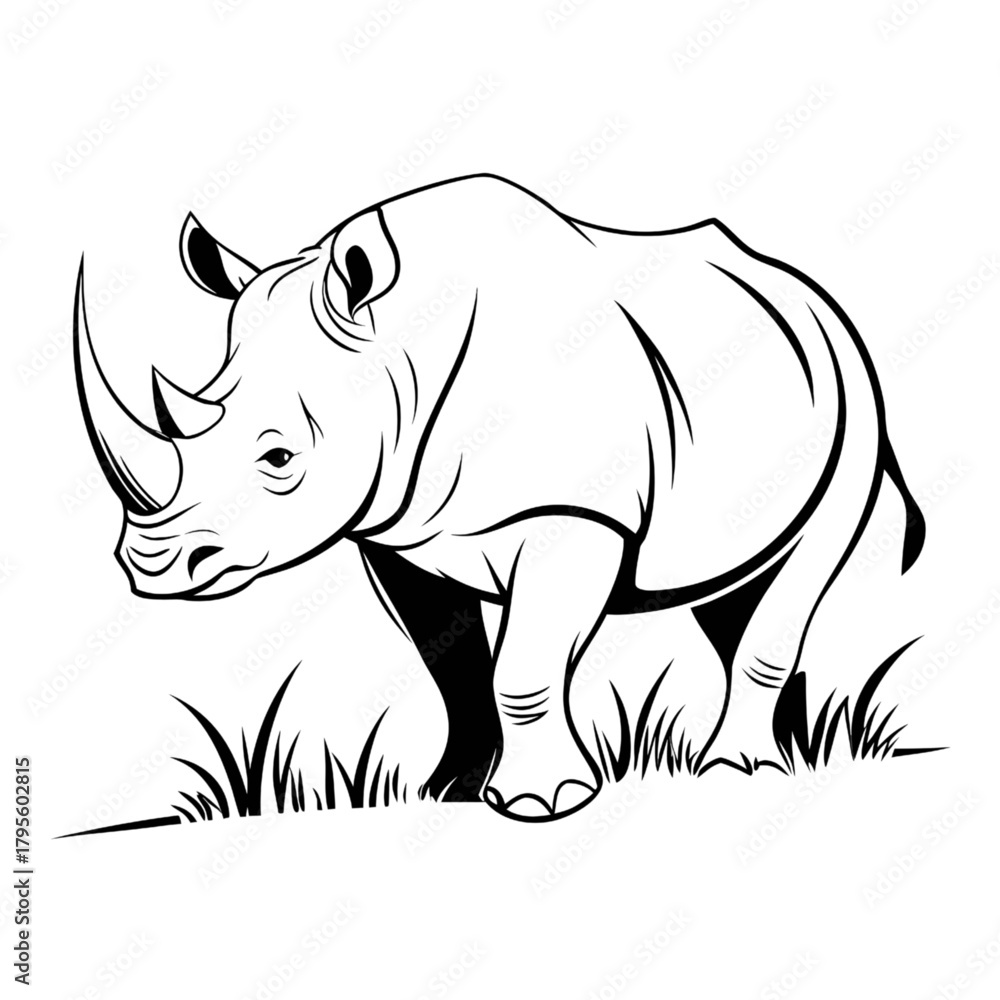 Fototapeta premium Powerful Rhinoceros Outline Vector Illustration with Detailed Horn and Grass - Ideal for Wildlife Conservation Themes, Safari Logos, and Animal Graphics