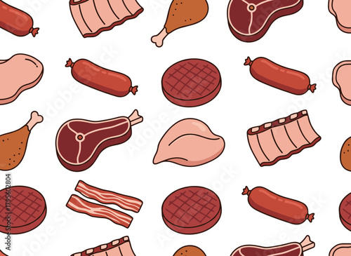 A seamless pattern of meat featuring repeating prints of chicken leg, beef steak, pork ribs, sausage, and ham, designed as a flat vector illustration for kitchen textiles and wrapping