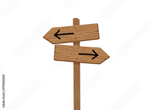 A wooden signboard or guideboard assembled from pointed planks and a pole, showing an empty signpost with arrows isolated on a white background, rendered as a cartoon decorative illustration