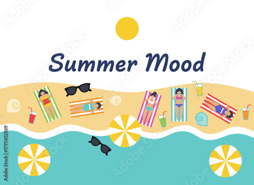 A flat cartoon illustration of a horizontal background featuring men and women lying on a beach, relaxing and sunbathing by the sea or ocean, with elegant summer mood lettering handwritten in cursive